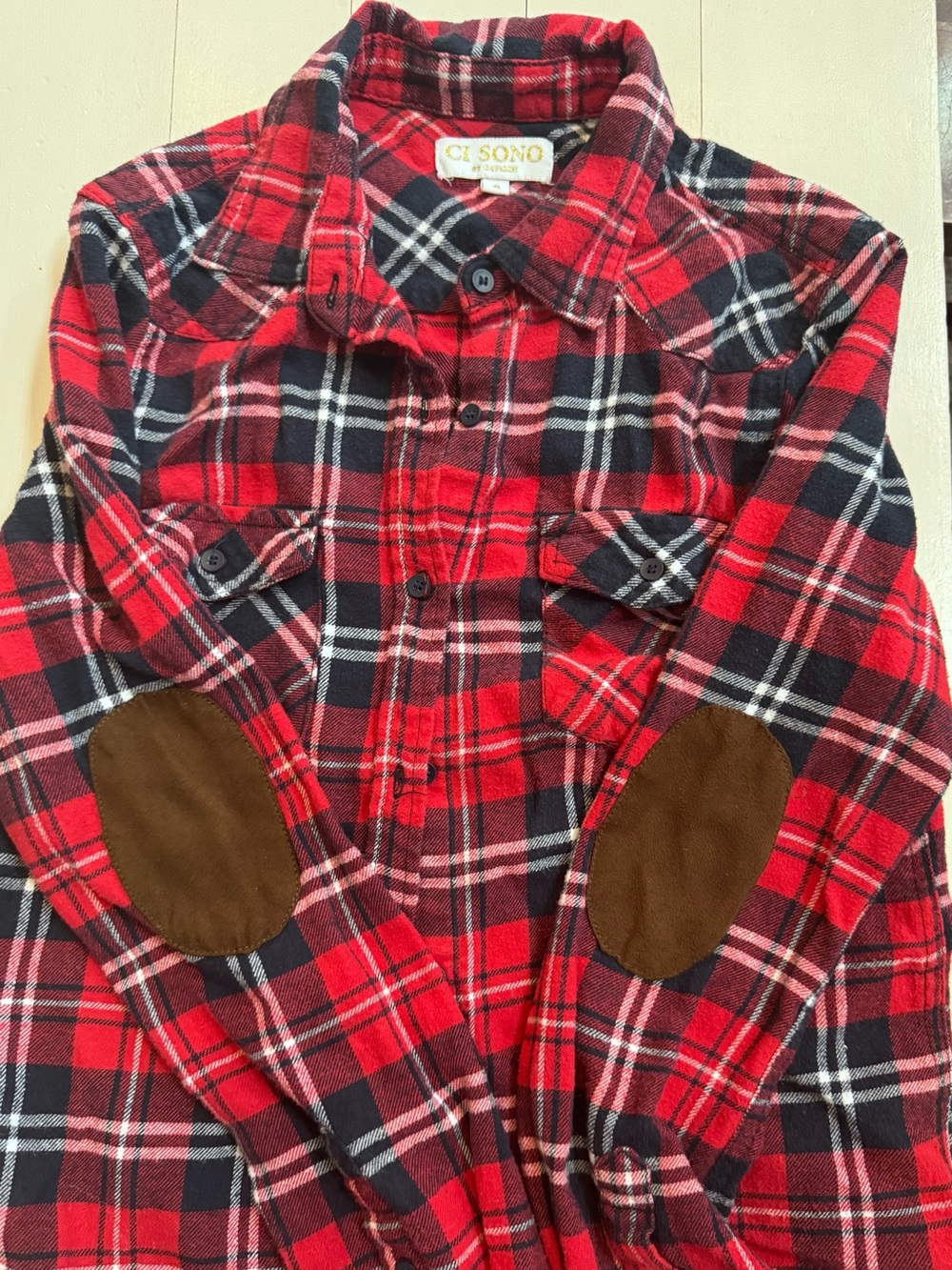Ci Sono Red & Black Plaid Flannel Shirt with Brown Elbow Patches